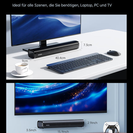 MEVOSTO heliriba telerile, arvutile, mängurile, 60W mini 2.1-kanaliga integreeritud subwoofer BT5.4 kõlar, arvuti USB digitaalse heli/optilise/AUX hääle võimendusega, 3 ekvalaiseriga, ühilduvad mängukonsoolid - 40cm
