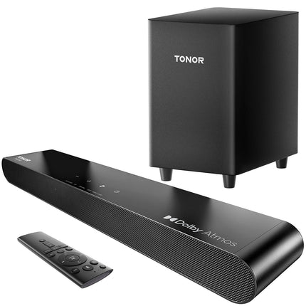 TONOR 2.1 teleri heliriba Dolby Atmosega, 5.3 Bluetooth-heliriba subwooferiga telerile, 3 ekvalaiseri režiimi/BASSMX/ruumilise heli kõlarid telerile/arvutile, kodukino helisüsteem, HDMI ARC/optiline/AUX/USB