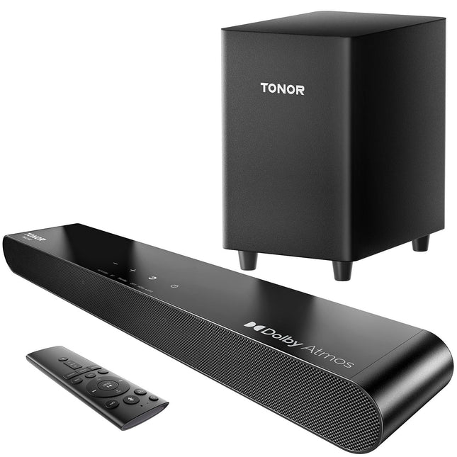 TONOR 2.1 teleri heliriba Dolby Atmosega, 5.3 Bluetooth-heliriba subwooferiga telerile, 3 ekvalaiseri režiimi/BASSMX/ruumilise heli kõlarid telerile/arvutile, kodukino helisüsteem, HDMI ARC/optiline/AUX/USB