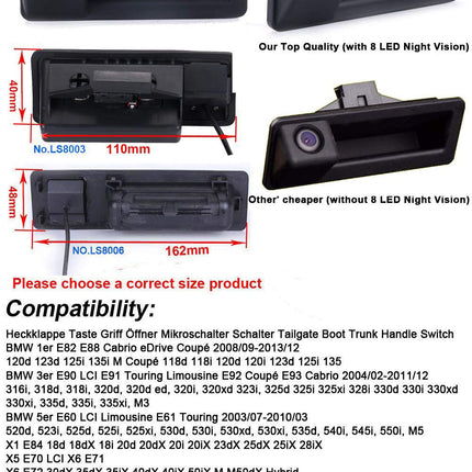 HD 8LED tagurduskaamera pakiruumi käepidemele, ühildub BMW E82 E88/E90 E91 Touring E92 E93 M3 E60 E61/X1 E84/X5 E70/X6 E71/E72/F31/F10/F11/F15 F18 F22 F23 F25 F26 F30 F32 F34 F35 F36 F45 F80/X3 X4/328i-ga