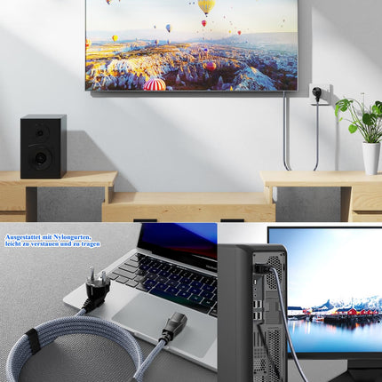 Goalfish 3-kontaktiline toitekaabel, 3,0 m nailonist punutud universaalne toitekaabel (CEE 7/7 kuni C13) VDE sertifikaadiga monitoride, arvutite, printerite, skannerite, telerite, ekraanide, projektorite ja muude seadmete jaoks - hall