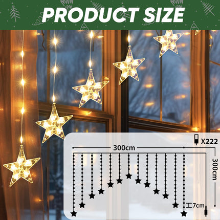 SALCAR 3m LED Star Curtain Lights - 222 LEDs with 16 Star String Lights, Window Decoration with Timer, Christmas Lighting for Balcony, Party, Wedding - Warm White