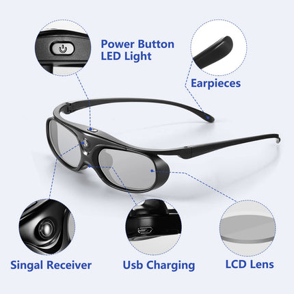 Wowlela 3D Glasses, Rechargeable 3D Active Shutter Glasses for all DLP Link 3D Projectors, Active Shutter 3D DLP Link Rechargeable 3D Glasses Compatible with BenQ, Optoma, Viewsonic DLP Projector