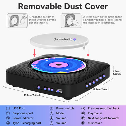 Raadio CD-mängijaga lastele: Kegaudio kaasaskantav CD-mängija Bluetooth-kõlariga, esipaneeliga, kaugjuhtimispuldiga, taimeriga, USB-taasesitusega, AUX-taasesitusega, must