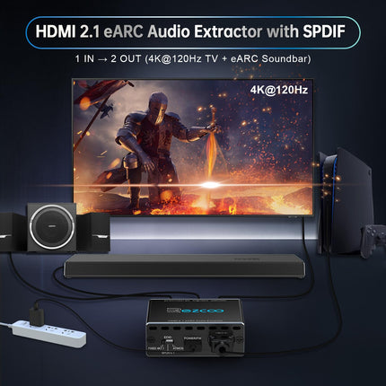 4K@120Hz HDMI 2.1 eARC Audio Extractor Dolby Atmos/Vision VRR/ALLM CEC Bypass HDCP2.3 SPDIF Output Plug &amp; Play for Soundbars/Sono-s ARC/eARC/PS5/Xbox
