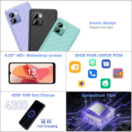 DOOGEE N50 Pro lukustamata nutitelefon [2024. aasta väljalase], 20 GB RAM 256 GB ROM (1 TB TF-kaart), Android 13 nutitelefon, 6,52" HD+ lukustamata telefon, kaheksatuumaline, 50MP+8MP, 4G kahe SIM-kaardi/näotuvastuse/sõrmejäljelugejaga, 4200mAh aku