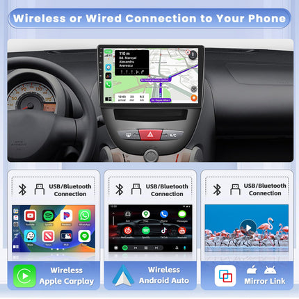 Hikity 8-tuumaline 4+64G Android 15 autoraadio Toyota Aygo/Peugeot 107/Citroen C1 2005-2014 raadio, juhtmevaba CarPlay, Android Auto, 10.1-tolline ekraan, autoraadio koos peegliühendusega, Navi, GPS, BT, FM, RDS, WiFi, DSP
