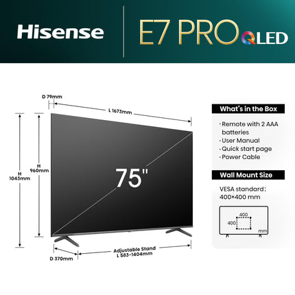 Hisense 75E7NQ Pro 189 cm (75-tolline) televiisor, 4K UHD, QLED, nutiteler, Total HDR, Dolby Vision IQ Atmos, 144Hz (VRR), HDMI 2.1, mängurežiim PRO, kolmekordne tuuner, sisseehitatud Alexa, tumehall, [2024]