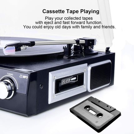 DIGITNOW! Vinil pikap Bluetooth pikap çalar Stereo hoparlörlü, pikap çalar 3 hız kademesi, kaset AM/FM radio vinil, MP3 USB kodlaması