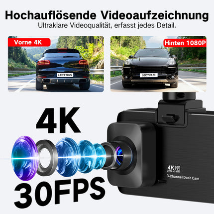 LECTRUS 3-Channel 4K Dash Cam Front and Rear View, 5G WiFi Dash Cam, APP Control, Night Vision, 3" IPS Screen, G-Sensor, 24-Hour Parking Mode, Loop Recording, 64GB SD Card Included