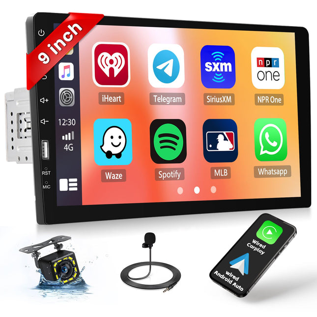 Inefala 1-Din autoraadio CarPlay ja Android Auto funktsioonidega, 9-tolline HD puuteekraan, Bluetooth-autoraadio Mirror Linkiga, FM-raadio, SWC, USB-telefoni laadimine, tahavaatekaamera, mikrofon
