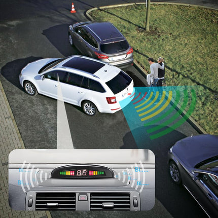 Wireless parking aid, reversing aid with 4 PDC parking sensors at the rear, distance warning kit with wireless LED display for cars, SUVs, vans, motorhomes and pickups (4 sensors, black)