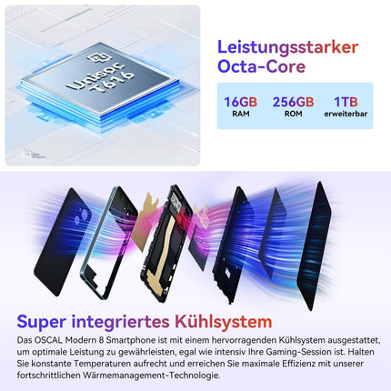 OSCAL Modern 8 Smartphone without contract 256GB+16GB/1TB, 6.75" HD+ 90Hz mobile phone, Octa-core Android phone 2Ghz, 50MP+8MP, 6000mAh/18W fast charging, Fingerprint/Face ID, Dual SIM/WiFi5G/BT5.0/OTG - Black
