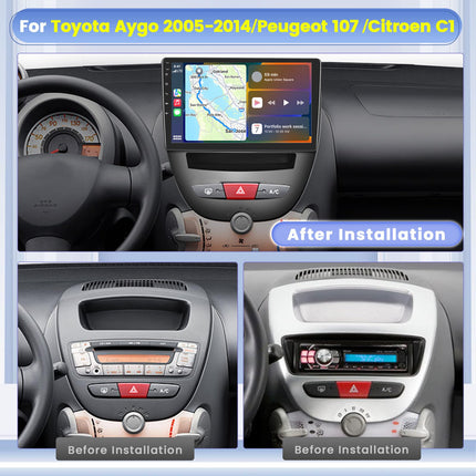 Hikity 8-tuumaline 4+64G Android 15 autoraadio Toyota Aygo/Peugeot 107/Citroen C1 2005-2014 raadio, juhtmevaba CarPlay, Android Auto, 10.1-tolline ekraan, autoraadio koos peegliühendusega, Navi, GPS, BT, FM, RDS, WiFi, DSP