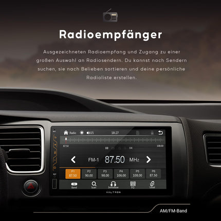 VALTRON RX-820HD 2-DIN multimeedia autoraadio, 7-tolline puutetundlik ekraan, juhtmevaba Android Auto ja CarPlay, USB, Bluetooth, tipptasemel tuuner, 16-ribaline graafiline ekvalaiser, must, tahavaatekaamera (SET1)