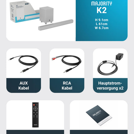 MAJORY K2 heliriba teleritele koos subwooferiga | Teleri kõlarid teleritele | 150W 2.1 helisüsteem juhtmevaba subwooferiga | Bluetooth-teleri heliriba | Kodukino heliriba HDMI ARC-ga (valge)
