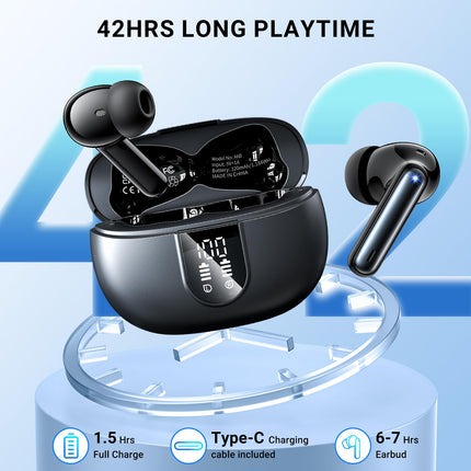 AOVOCE Bluetooth-kõrvaklapid, juhtmevabad Bluetooth 5.3 spordisisesed kõrvaklapid 4X ENC-mikrofoniga, basstereo ja 42-tunnise mänguajaga, IPX7 veekindlad kõrvaklapid, LED-akunäidik