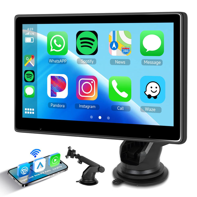 Hodozzy Wireless Carplay Android Auto Display, 10.1 inch HD Touchscreen Portable Car Stereo with Super Link, OTA Upgrade, Digital Media Receiver with Bluetooth, AirPlay, Mirror Cast, FM/TF/AUX