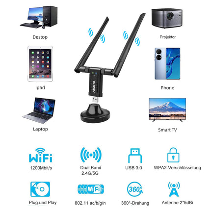 WLAN adapter 1200Mbit/s, WLAN USB stick dual-band 867Mbit/s (5GHz), 300Mbit/s (2.4GHz) WLAN receiver with 2*5dBi antenna and USB 3.0 docking station with 65cm cable for PC desktop laptop Windows/Mac OS