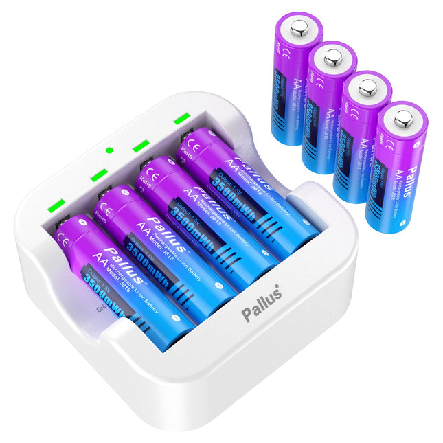 Pallus 1.5V Rechargeable AA Lithium Battery, 8 Pack 1.5V AA Battery with 2-Hour Ultra Fast Charger, High Capacity 3500mWh and 1600 Long Cycles, 1.5V Constant Output Lithium AA Battery