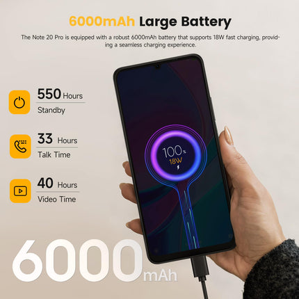 Ulefone Note 20 Pro mobiiltelefon Android 14 256GB + 8GB / 1TB SD 50MP + 8MP kaamera Octa Core 6000mAh 18W 6.75" HD+ 90Hz 4G kahe SIM-kaardiga nutitelefon lukustamata sõrmejäljelugeja näotuvastus GPS OTG 2-aastane garantii - must