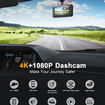 Auto videoregistraator ees/taga 4K, WiFi-ga videoregistraator 64 GB SD-kaardiga, tagurdamisassistendiga auto videoregistraator, öönägemine, 170°+140° lainurk, 3" IPS, parkimise jälgimine, G-andur, tsükkelsalvestus, jagatud laadimiskaabel, MAX 256G