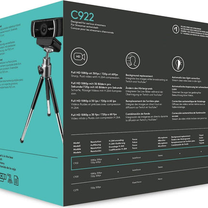 Logitech C922 Pro Stream, HD 1080p / 30 kaadrit sekundis või HD 720p / 60 kaadrit sekundis, ülikiire, stereoheli, HD-valguskorrektsioon, autofookus YouTube'i, Twitchi, XSpliti, PC/Maci/sülearvuti/MacBooki/tahvelarvuti jaoks