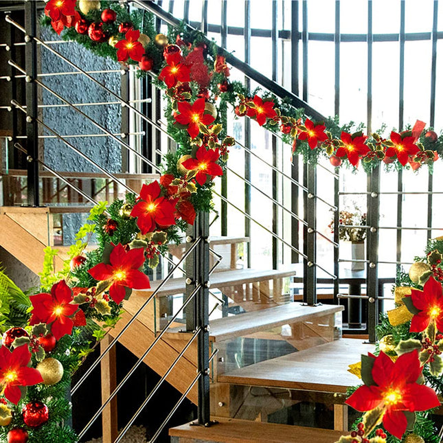 Poinsettia Christmas Wreath, Artificial Christmas Wreaths, Christmas Decoration, with Battery-Operated LED Lights, Indoor and Outdoor, American Party Decoration (3m + 20 Lights)