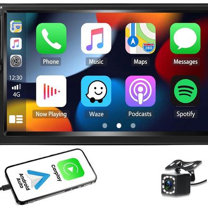 CAMECHO autoraadio 2 DIN juhtmega Carplay/Android Auto-ga, topelt-DIN autoraadio peegliühendusega Bluetooth handsfree-süsteem 7-tolline ekraan, raadio, FM, USB, AUX ja tahavaatekaamera