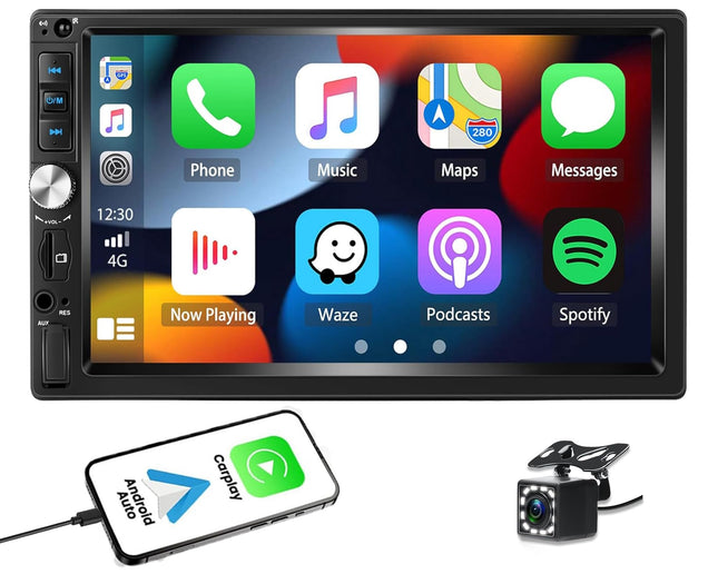 CAMECHO Car Radio 2 Din with Wired Carplay/Android Auto, Car Radio Double Din with Mirror Link Bluetooth Handsfree 7 Inch Screen Radio FM USB AUX + Rear View Camera