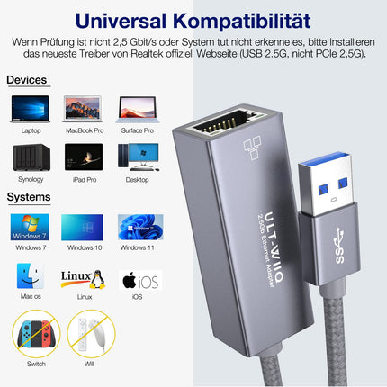 USB 2.5Gb Etherneti adapter, USB 3.0 kuni RJ45 2.5GbE LAN võrguadapter, 2500/1000/100/10 Mbps gigabaidise Etherneti internetiadapter MacOS-ile, Windowsile, Linuxile, Steam Deckile, PC-le, NAS-ile, sülearvutile, tahvelarvutile, serverile