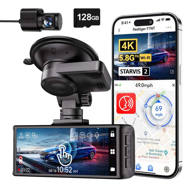 REDTIGER 4K STARVIS 2 autoregistraator esi- ja tagaosaga, 3,18-tolline puuteekraan, hääljuhtimine, 5,8 GHz WiFi GPS, tasuta 128 GB kaart, 2160P UHD öönägemine, WDR, parkimismonitor (F7N Touch)