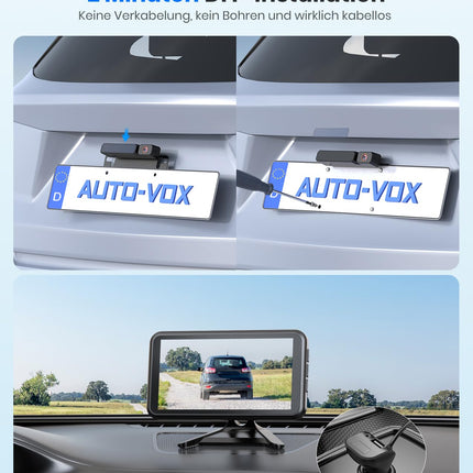 AUTO-VOX Solar Backup Camera Wireless with 5" 1080P Monitor: 5000mAh Battery 2 Mins DIY Installation &amp; Dual-Split Wireless Backup Camera, IP69K Waterproof Rear View Cameras for Car, Truck, Van, SUV, RV