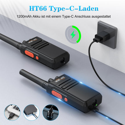 HESENATE HT66 raadio, PMR446 walkie-talkie raadiokomplekt litsentsivaba pika leviala professionaalne walkie-talkie 16 kanaliga pihuraadio Woki Toki Scan VOX USB-C laadijaga (must, 6 tk komplekt)