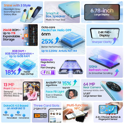 Blackview Shark 8 Smartphone Unlocked, 16GB+256GB, 6.78" FHD+ 120Hz, 64MP+13MP Camera, 33W Fast Charging, Three Card Slots, Android 13 Mobile Phone, Smart-K Box Speaker, GPS NFC Black