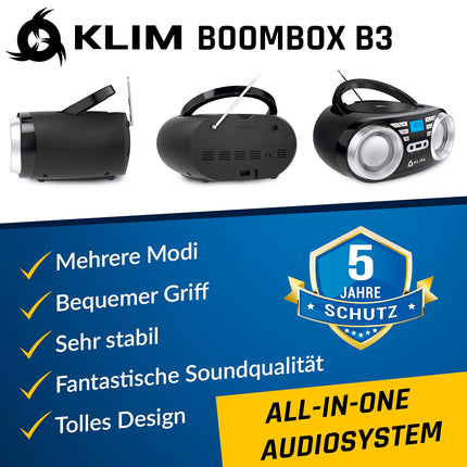 KLIM B3 kaasaskantav CD-mängija Bluetooth Boombox FM-raadio, Bluetoothi, USB ja AUX-iga - kvaliteetsed topeltkõlarid, ekvalaiseriga heliefektid, 20 eelsalvestatud jaama, kompaktne ja kerge | Kaasaskantav CD-mängija