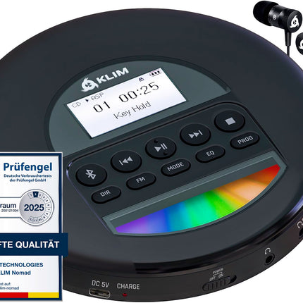 KLIM Nomad CD-mängija Bluetooth - kaasaskantav CD-mängija Discman pikaealise akuga - kõrvaklapid kaasas - CD-R, CD-RW, MP3 - TF-kaardilugejaga, FM-raadioga - ideaalne autosse - kaasaskantav CD-mängija Discman