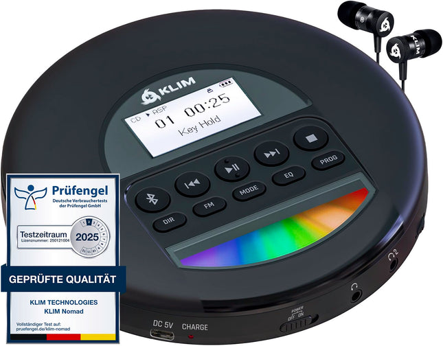 KLIM Nomad CD-mängija Bluetooth - kaasaskantav CD-mängija Discman pikaealise akuga - kõrvaklapid kaasas - CD-R, CD-RW, MP3 - TF-kaardilugejaga, FM-raadioga - ideaalne autosse - kaasaskantav CD-mängija Discman