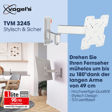 Vogel's Comfort TVM 3245 pööratav teleri seinakinnitus 19–43-tollistele teleritele, max. 15 kg, pööratav kuni 180°, täisliikumisega telerikinnitus max. VESA 200x200, universaalne ühilduvus, valge