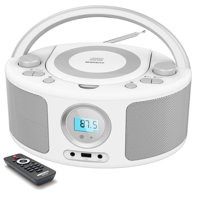 WISCENT kaasaskantav CD-raadio Boombox (CD-mängija, Boomboxid, FM-raadio, USB, kõrvaklapipesa, AUX-sisend), CD-mängija lastele ja täiskasvanutele