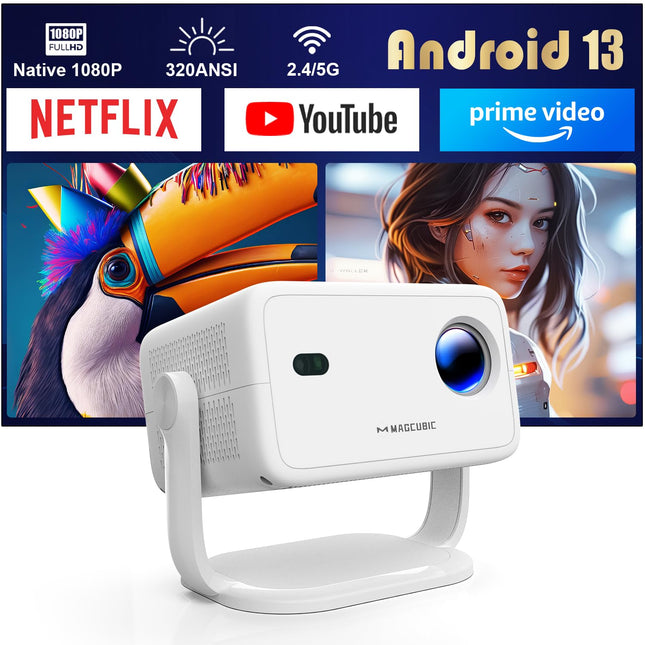 [Netflixi litsents] Android 13 nutiprojektor 4K toega koos ametlike telerirakendustega, 1080P natiivprojektor 5G WiFi BT5.2-ga, autofookus, automaatne trapetsikorrektsioon, kaasaskantav projektor kodukinole