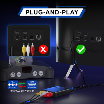 PORTTA RCA to HDMI Adapter, Composite CVBS AV to HDMI Converter 1080P, AV to HDMIOUT Adapter Upscaler, Support PAL/NTSC, Compatible with VHS, VCR, PS3, N64, Wii, STB, Xbox, Blue-Ray DVD Players