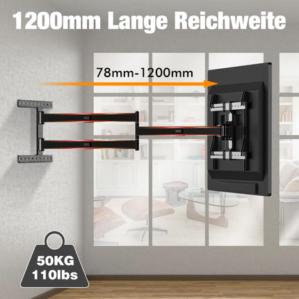 1200 mm seinast kaugus, teleri seinakinnitus, pikk pöörlev vars, kallutatav, pööratav, pööratav, pikendatav, 32–80-tollised LCD/LED/OLED-telerid, kandevõime 50 kg, VESA 600x400 mm telerikinnitus
