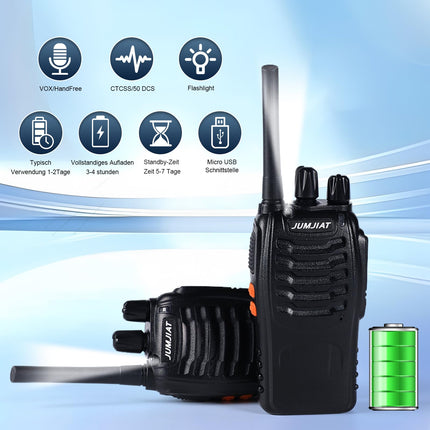 JUMJIAT Walkie-Talkie 16 kanaliga pikamaaraadiod, raadiosaatjad sisseehitatud LED-taskulamp, USB-C-laadimiskaabel ja peakomplekt (2 tk)