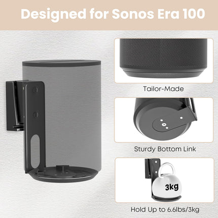 PUTORSEN kõlari seinakinnitus Sonos Era 100 jaoks, pööratav/kallutatav/kaablihaldus, seinale kinnitatav kõlar parema helielamuse tagamiseks, kannab kuni 3 kg (1 kinnitus, must)