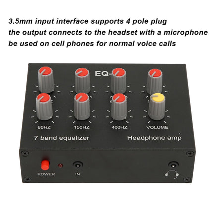 7-band car audio graphic equalizer, 3.5mm input interface Supports 4-pin plug, 5x gain, dual channel sound, 7-band sound equalizer