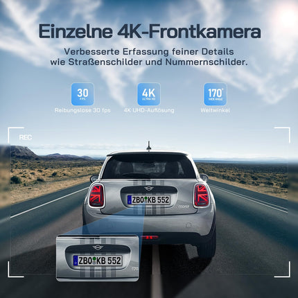 WOLFANG Dashcam Car Front Rear 4K WiFi Dash Cam with 32GB SD Card, Ultra Night Vision, 170° Wide Angle, WDR, 24h Parking Mode, G-Sensor, Loop Recording