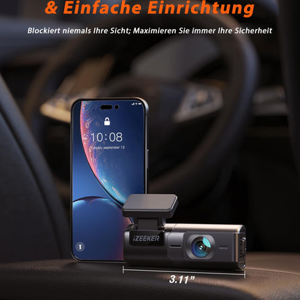 iZEEKER 2.5K WiFi autokaamera, mini autokaamera 1440P esikaamera rakenduste toega, 32 GB kaart, öine nägemine, WDR, G-andur, silmussalvestus, 24H parkimisrežiim