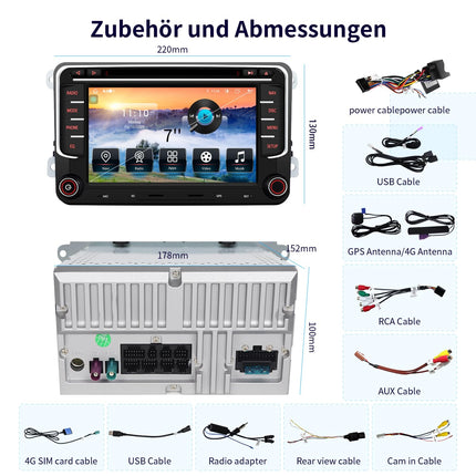 Car radio for VW Golf 5 6 T5 Polo Sharan Passat Tiguan, [Android 13.0 4GB+64GB 2.0Ghz] CAWELL 7 inch HD double DIN radio with 4G/Navi/Bluetooth WiFi/GPS/RDS/USB/FM/SD/RCA DVD/CD CarPlay