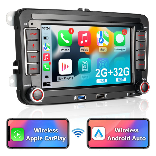 Car radio with navigation screen for VW T5 Golf 5 6 Polo Sharan Seat Passat Tiguan, 7 inch Golf radio with wireless Carplay &amp; Android Auto, VW Caddy radio Bluetooth RDS EQ GPS SWC FM WiFi USB, 2+32G